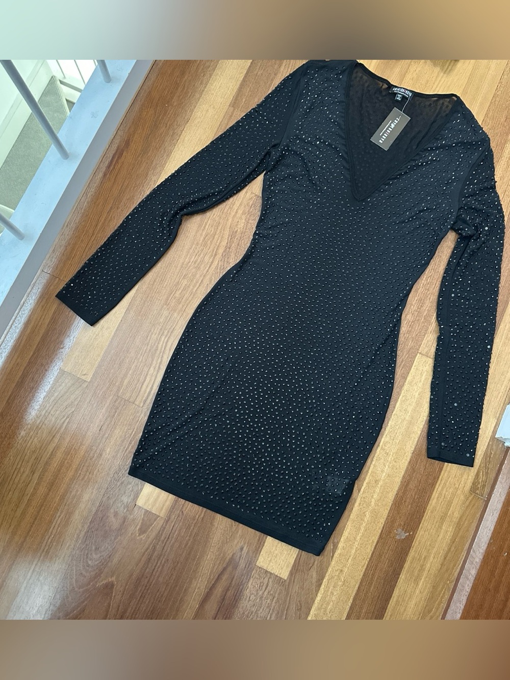 Fashion Nova Black Long-Sleeve Embellished Bodycon Dress